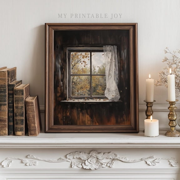 Vintage Window Scene , Rustic Cottagecore Decor, Cozy Fall, Old Wooden Window, Earthy Neutral Poster Wall Art 257, Size 8x12 UNFFRAMED F03.1.7l1414