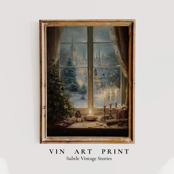 Vintage Window Scene, Snowfallprint, Cozy Candlelit Winter View, Home Decor, Festive Art Home Decor #254, Unframed Canvas Size 24x36