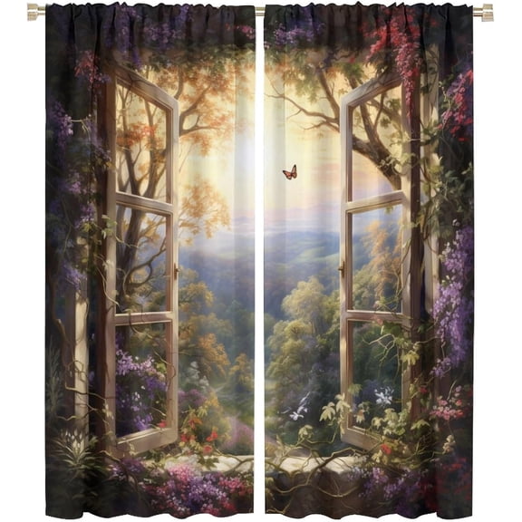 Vintage Window Scenery Plant Flower Blackout Curtain, Butterfly Vine Window Scenery Art Deco Landscape Bedroom Kitchen Curtain, Beautiful Forest Curtain 2 Pieces 42x54in