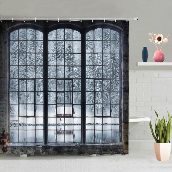 Vintage Window Shower Curtain Retro Nature Forest Waterfall Ocean Landscape Rustic Farm Truck Bathroom Bath Curtains Decor Sets