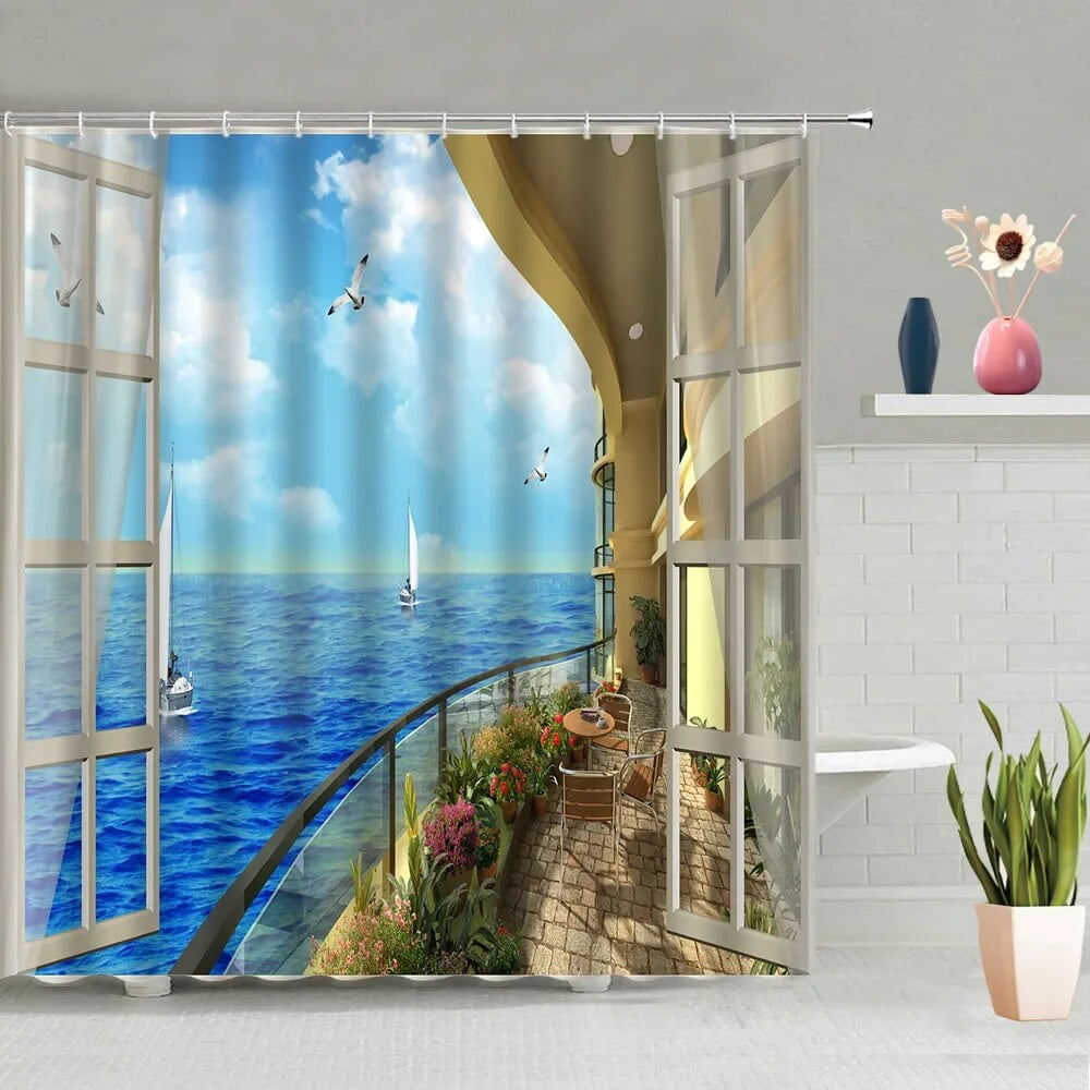 Vintage Window Shower Curtain Retro Nature Forest Waterfall Ocean ...
