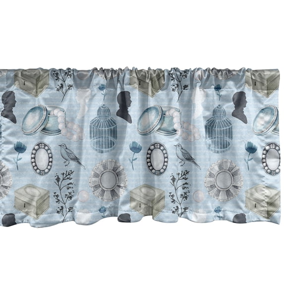 Vintage Window Valance, Bird Cage Necklace Silhouette of Woman and Man Mirror Pearls Old Nostalgic, Curtain Valance for Kitchen Bedroom with Rod Pocket, 54" X 18", Soft Blue and Grey, by Ambesonne