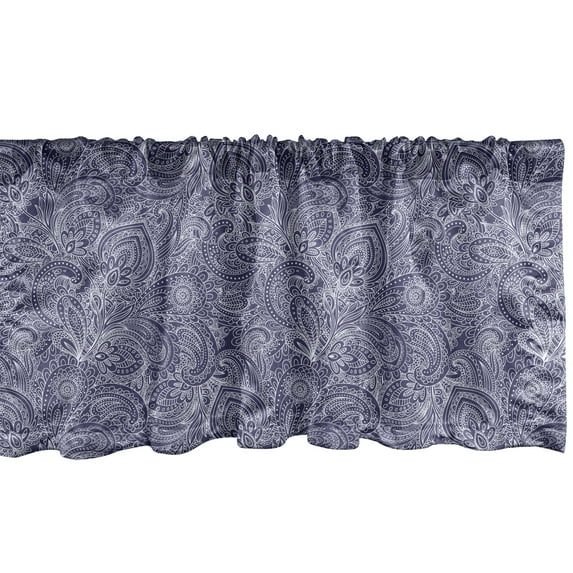 Vintage Window Valance, Detailed Artwork of Mini Dots Curves Geometric Shapes and Leafy Motifs, Curtain Valance for Kitchen Bedroom Decor with Rod Pocket, 54" X 12", Dark Indigo White, by Ambesonne