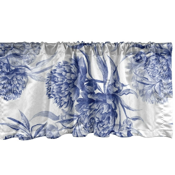 Vintage Window Valance, Monochrome Hand-Drawn Flowers Pattern Floral Theme Art on Plain Back, Curtain Valance for Kitchen Bedroom with Rod Pocket, 54" X 18", Dark Ceil Blue and Grey, by Ambesonne