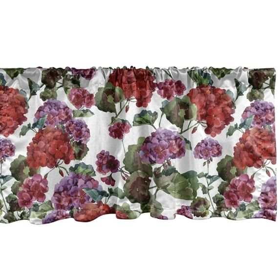 Vintage Window Valance, Repeating Geranium Flowers Watercolor Floral Nature Art on Plain Back, Curtain Valance for Kitchen Bedroom with Rod Pocket, 54" X 18", Peacock Green Raspberry, by Ambesonne