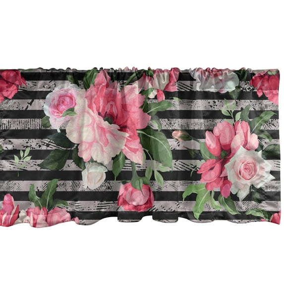 Vintage Window Valance, Repetitive Rose Flowers Floral Art on Horizontal Stripes Pattern, Curtain Valance for Kitchen Bedroom with Rod Pocket, 54" X 18", Pastel Pink and Olive Green, by Ambesonne