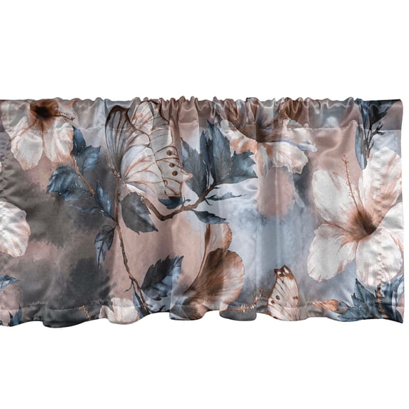 Vintage Window Valance, Watercolor Retro Floral Tender Branches of Hibiscus Flowers Butterflies, Curtain Valance for Kitchen Bedroom with Rod Pocket, 54" X 18", Pale Rust Slate Blue, by Ambesonne