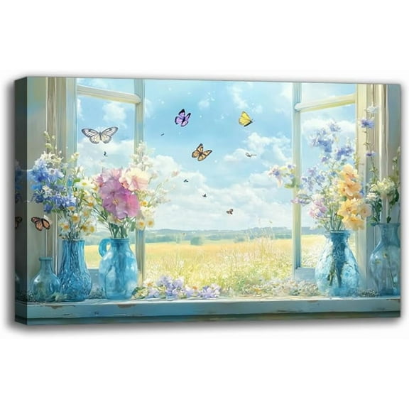 Vintage Window View Canvas Wall Art Prints - Rustic Framed Colorful Wildflowers Painting Wall Decor for Living Room Bedroom Bathroom Kitchen Ideal Gift for Nature Lover (18W X 12L)