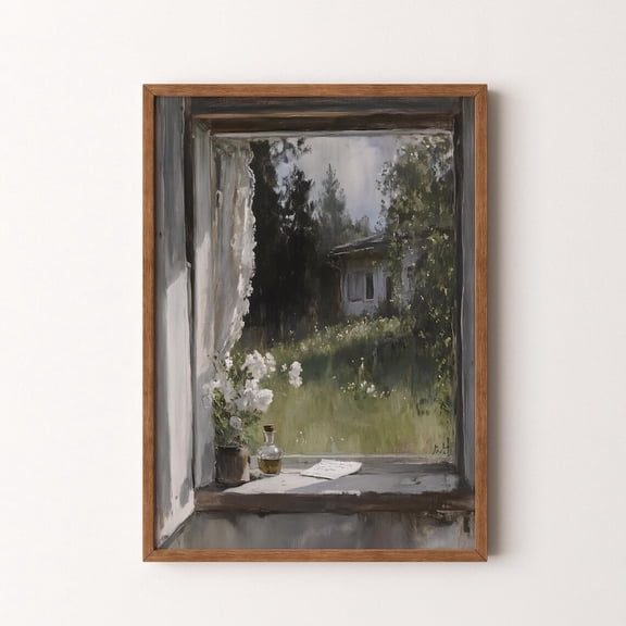 Vintage Window View Moody Rustic Countryside Scene, Unframed Poster