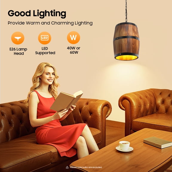 Vintage Wine Barrel Pendant Light With 90cm Adjustable Chain, E26 Base Hanging Lamp Shade Without Bulb For Bar Cafe Restaurant Indoor Ceiling Decoration