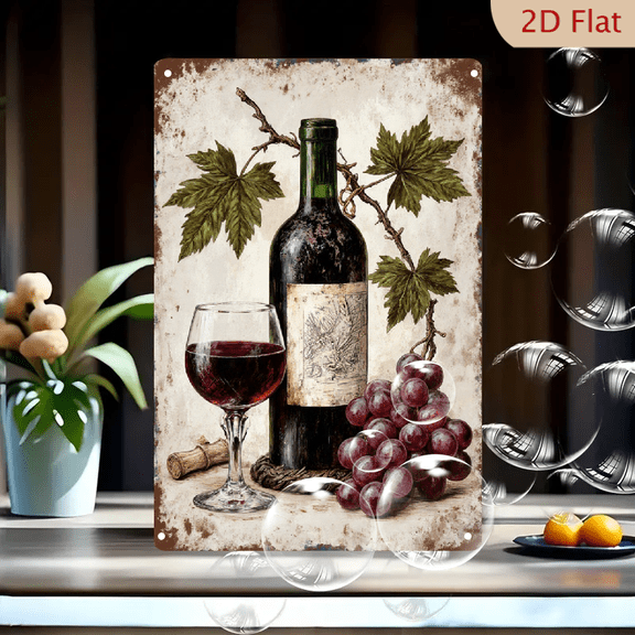 Vintage Wine Bottle and Grapes Rustic Still Life Wall Art, 8x12 Inches Metal Tin Sign, Distressed Weathered Border with Cork Rope, Old World Charm Home Decor