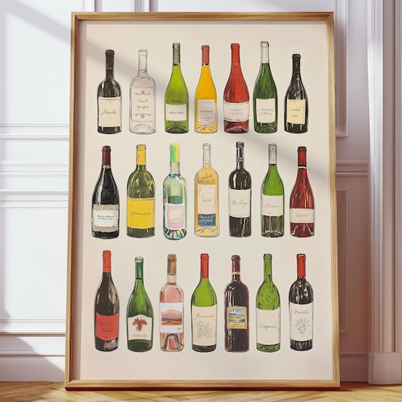 Vintage Wine Bottles Poster | Wine Chart Printable Art | Wine Varieties Print | Minimalist Wine Illustration | Boho Wine Artwork, Unframed Paper Poster 8x10in