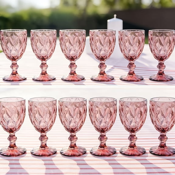 Vintage Wine Glasses Set of 12, 11.5 Ounces Colored Glass Water Goblets, Unique Pattern High Clear Stemmed Glassware Wedding Party Bar Glass Drinking Cups Flower Amber Fancy Glasses
