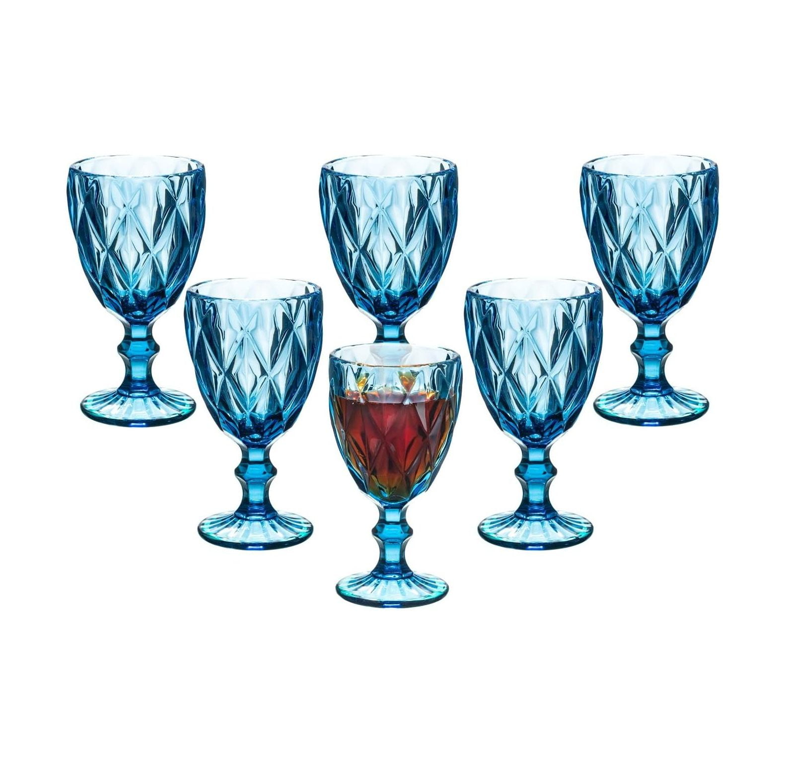Vintage Wine Glasses Set of 6, 10 Ounce Colored Glass Water Goblets