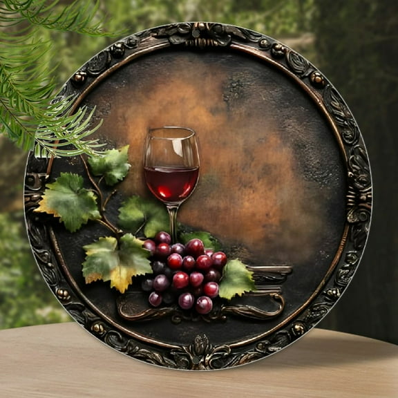 Vintage Wine & Grapes Metal Wall Art Plaque - Classic Style Aluminum Decorative Sign, 8-Inch Round, No Electricity Needed, Easy Mounting for Home, Bar, Office - Multifunctional, Weather-Resistant