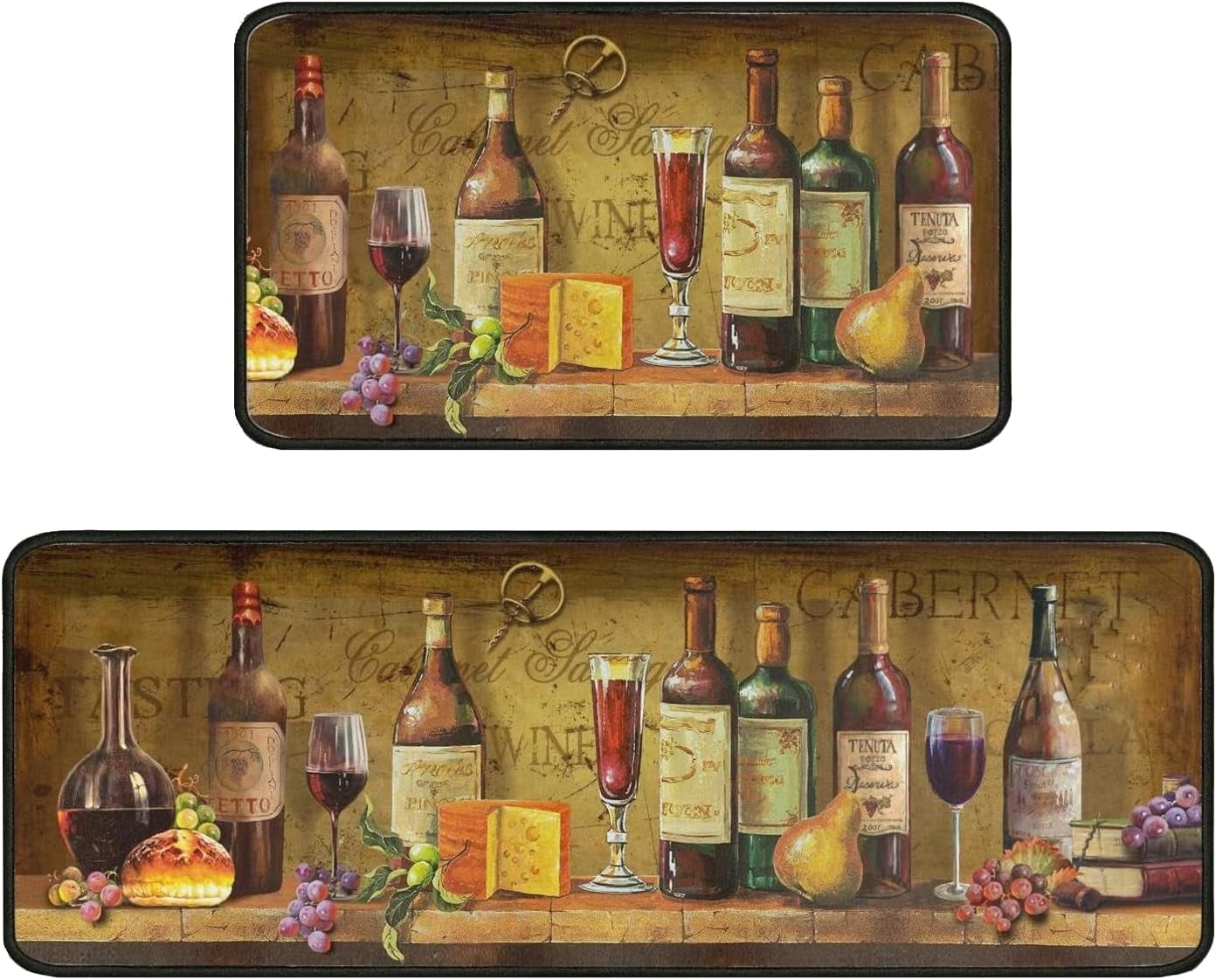 Vintage Wine Kitchen Rugs Set of 2, Retro Style Floor Mats Non-Slip ...