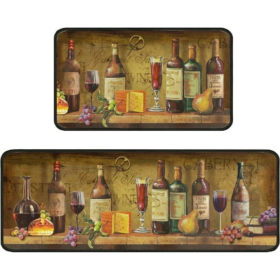 Vintage Wine Kitchen Rugs Set of 2, Retro Style Floor Mats Non-Slip Washable, Wine Theme Kitchen Decor Anti-Fatigue Floor Mats for Kitchen Sink Laundry Room, 17x30+17x47 Inch