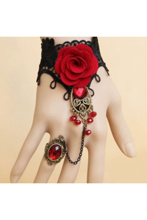 Vintage Wine Red Flower Lace Bracelet with Rose Ring - Elegant One-Piece Wristband