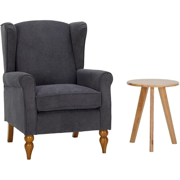 Vintage Wingback Arm Chair and Coffee Table Set- Tufted Fabric Push Upholstered High-Back Reading Chair with Wood Legs,for Living Room, Bedroom (Beige)