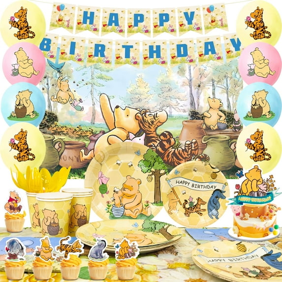 Vintage Winnie the Pooh Birthday Party Supplies, 112 Pcs Vintage Winnie the Pooh Party Decorations Tableware Set - Balloons Backdrop Banners Cups Cake Toppers Napkins and Other Party Decorations