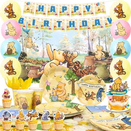 Vintage Winnie the Pooh Birthday Party Supplies, 112 Pieces Vintage Winnie the Pooh Party Decorations Tableware Set - Balloons Background Banners and Other Party Decorations