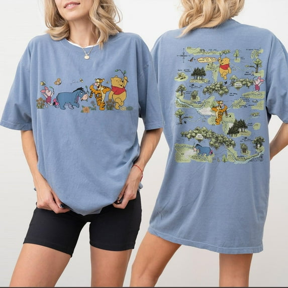 Vintage Winnie The Pooh and Friends Family Trip Wood Map Comfort Colors 2-sided T-shirt,Granite Color,Size YXS
