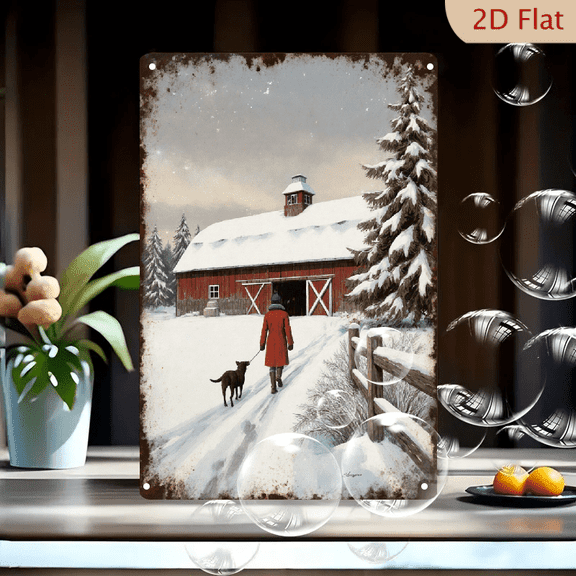 Vintage Winter Barn Scene with Dog & Walker, 8x12 Inch Metal Wall Art Print, Rustic Red Barn Snowy Path Nostalgic Texture, Cozy Farmhouse Decor for Living Room