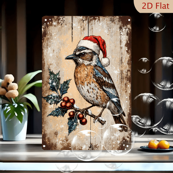 Vintage Winter Bird on Holly Branch with Santa Hat, 8x12 inch Metal Wall Art, Rustic Weathered Wood Background, Red Berries and Snowy Holiday Decor for Farmhouse Home
