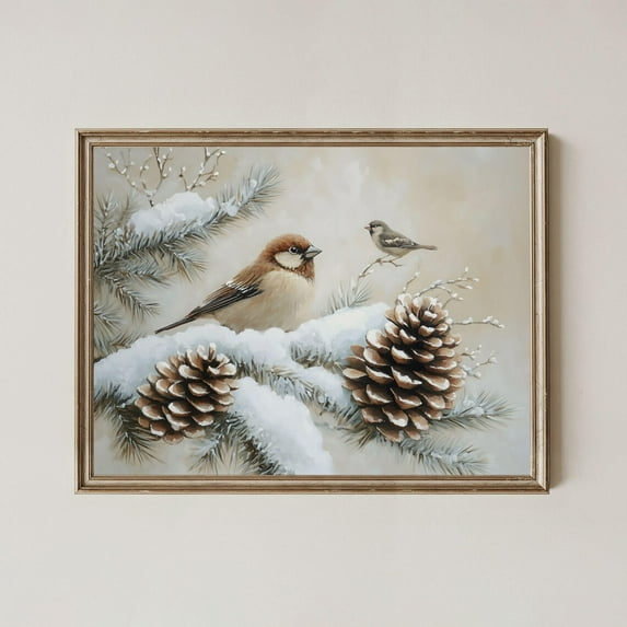 Vintage Winter Bird Wall Art Poster Rustic Farmhouse Decor With Snowy Tree And Pinecone Design Home Decor, 16x24 UNFRAMED