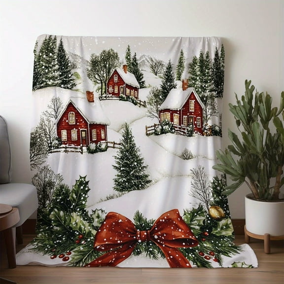 Vintage Winter Cabin Blanket Cozy Vintage Winter Cabin Christmas Tree Bow Print Flannel Throw Blanket Soft Digital PrintKnitted Fleece Ideal Gift for Any Occasion