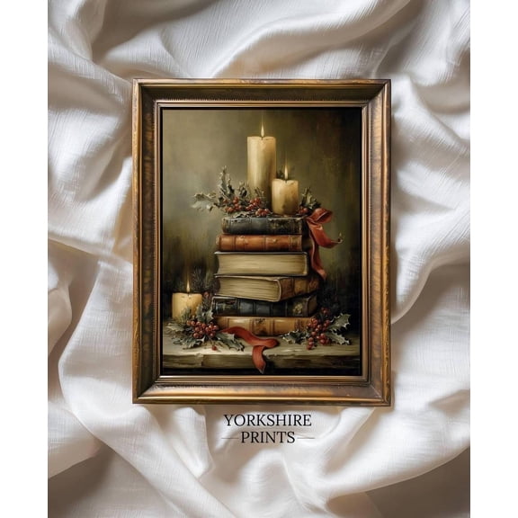 Vintage Winter Candle Wall Art, Books Print, Rustic Winter Wall Decor, Home Decor #3870, 8x12 UNFRAMED