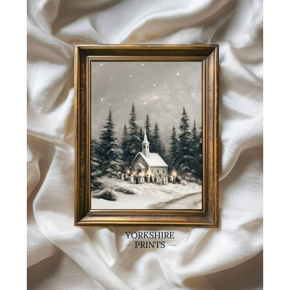 Vintage Winter Chapel Wall Art, Moody Winter Church Scene Decor Home Decor #3665, 16x24 UNFRAMED
