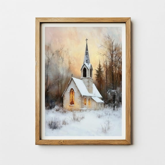 Vintage Winter Church Art Print, Christmas Chapel Print, Rustic Landscape Wall Art, Winter Sunset Scene, Christmas Decor, 32x48 UNFRAMED