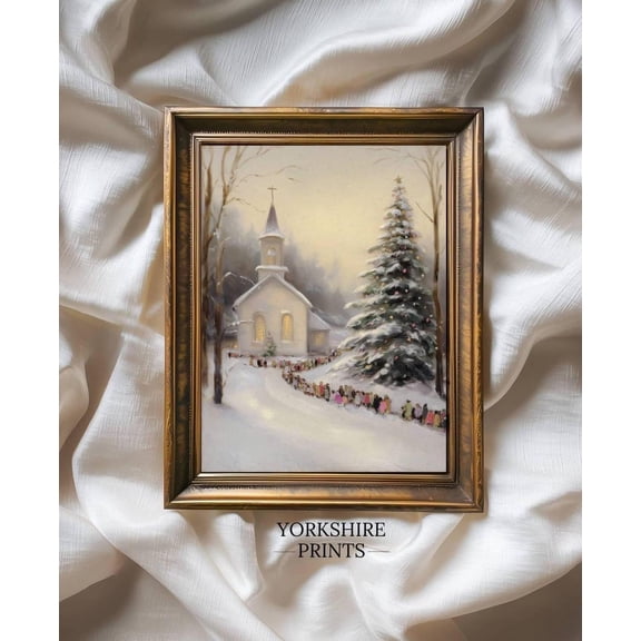 Vintage Winter Church Print, Winter Chapel Home Decor #3934, 8x12 UNFRAMED