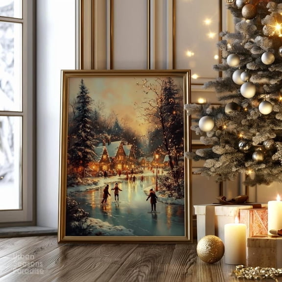 Vintage Winter Festive Ice Skate Wall Art, Cozy Winter Town Night Scene For Seasonal Decor Wall Decor UNFRAMED