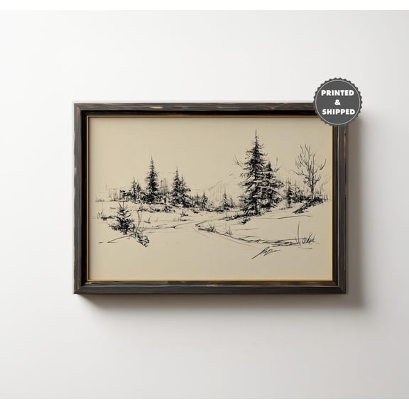 Vintage Winter Forest Line Drawing Rustic Pine Trees Sketch Neutral Farmhouse Fall Decor Wall Art Unframed Paper Print