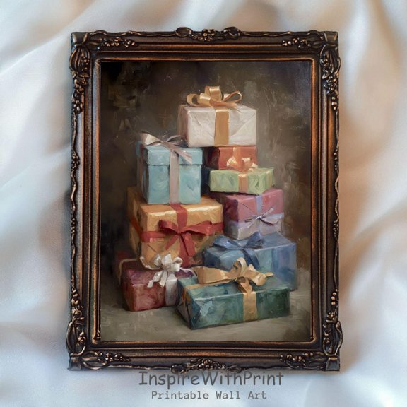 Vintage Winter Holiday Gifts Print, Colorful Winter Holiday Printable Cozy Holiday Season Wall Art, Pastel Winter Holiday Presents Art, Moody Winter Print, Size 24x36 UNFFRAMED F03.1.5l1419