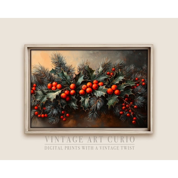 Vintage Winter Holly Garland Wall Art Print, Trendy Holly, Cozy Cottagecore Decor Home Decor #104, 16x24 UNFRAMED