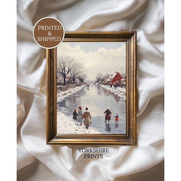 Vintage Winter Ice Skating , Frozen River Village Scene Fine Art Poster Print Poster, Size 8x12 UNFFRAMED F03.1.6l1142
