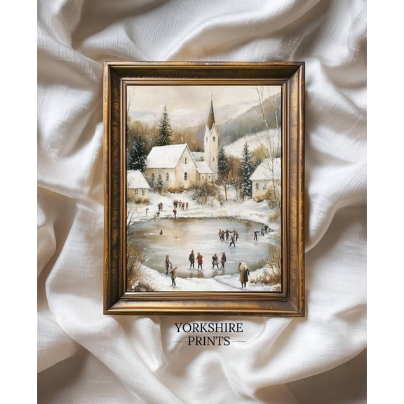 Vintage Winter Ice Skating Print, Snowy Village Church Scene, Winter Print Home Decor #3889, 8x12 UNFRAMED