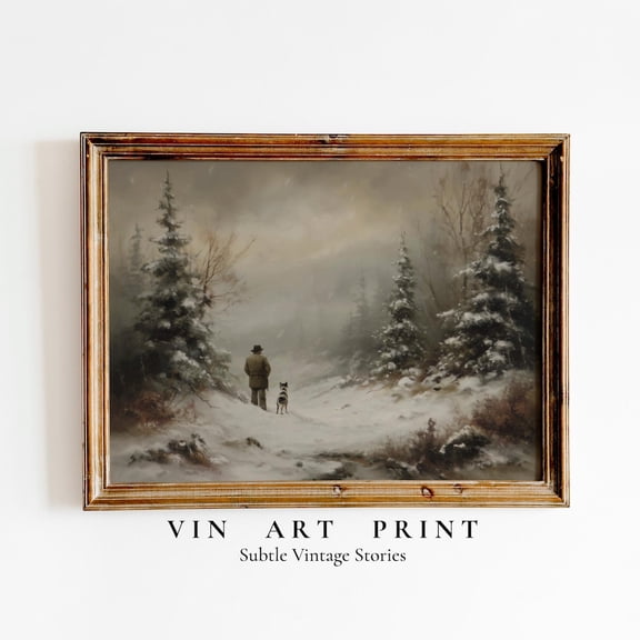 Vintage Winter In Forest, Snowy Woodland Scene Wall Art, Rustic Winter Hunt Decor, Moody Home Decor #268, Unframed Poster Size 24x36