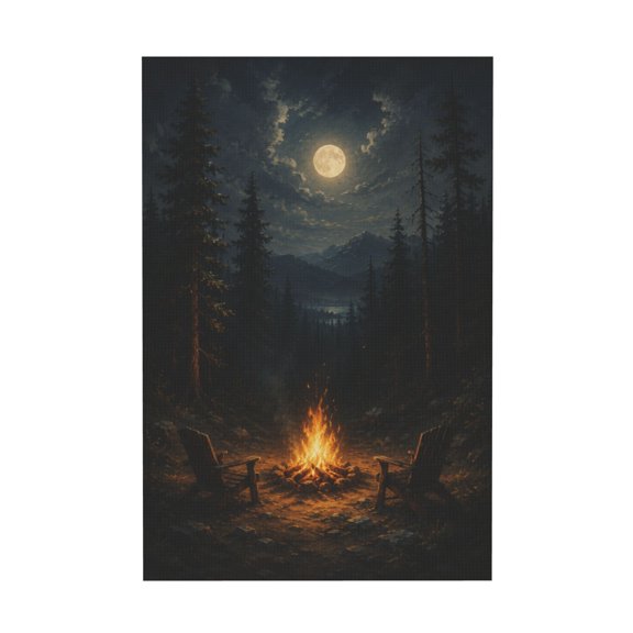 Vintage Winter Landscape Moonlit Snowy Forest Bonfire Canvas Wall Art For Rustic Living Room Cabin Office Home Holiday Decor 16x24in