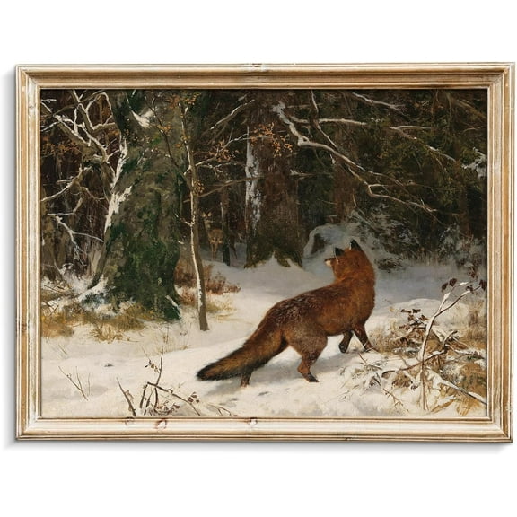 Vintage Winter Landscape Oil Painting, Antique Fox in Winter Christmas Wall Decor - Farmhouse Canvas Wall Art Decor - Retro Winter Landscape Watercolor Animal Picture Aesthetic(UNFRAMED)
