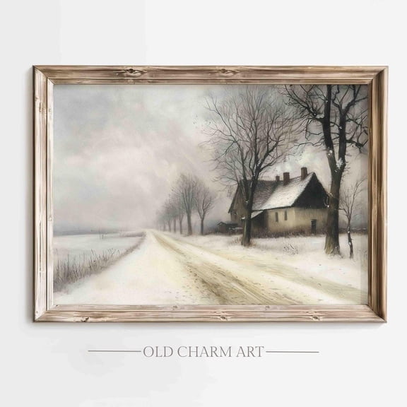 Vintage Winter Landscape Poster: Moody Cottagecore, Stretched Canvas Size 8x12