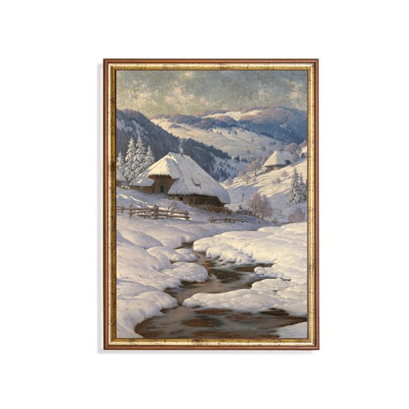 Vintage Winter Landscape Poster Snowy Mountain Cabin Decor Unframed Paper Print