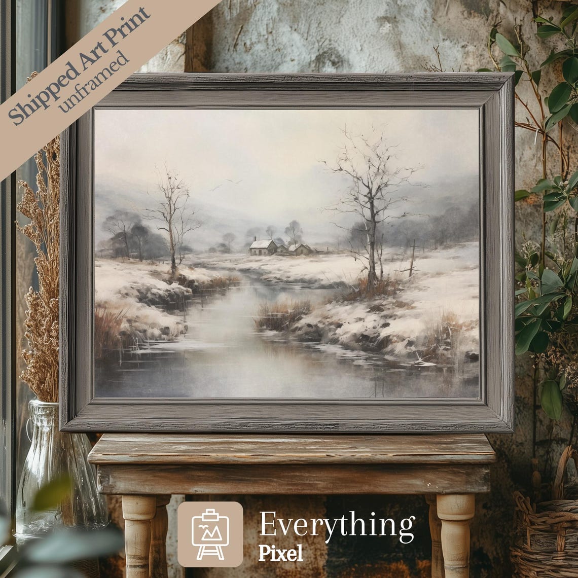 Vintage Winter Landscape Print Poster Snowy Farmhouse Art, Size 16x24 ...