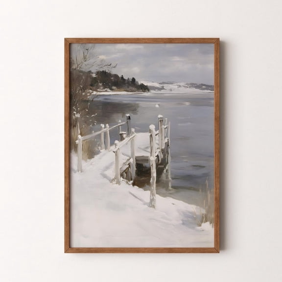 Vintage Winter Landscape Snowy Dock Lake Rustic, Stretched Canvas