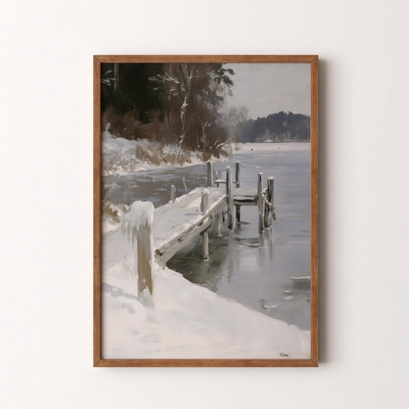 Vintage Winter Landscape Snowy Lake Wooden Dock Wall, Unframed Poster