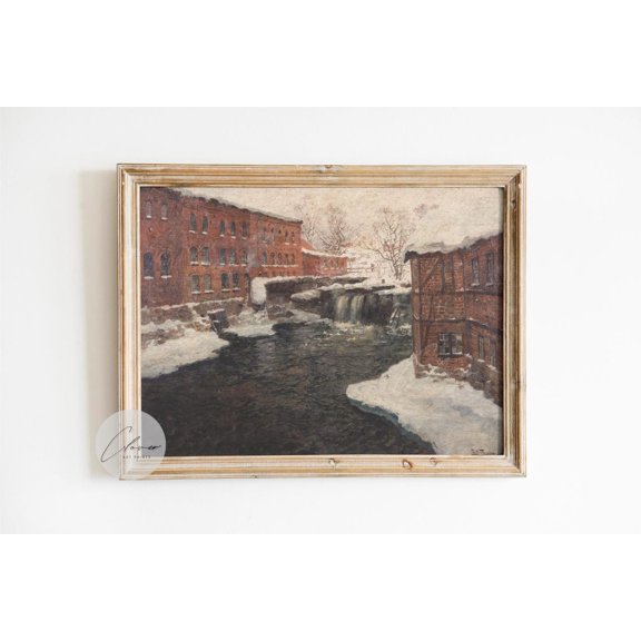 Vintage Winter Mill Wall Art Print, Snowy River Scene, Rustic Town, Antique Industrial Landscape, Seasonal Living Room And Home Decor