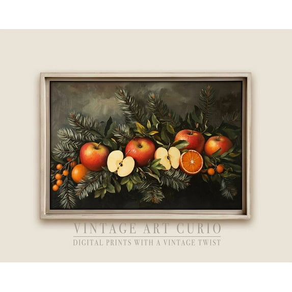 Vintage Winter Mixed Fruit Garland Wall Art Print, Trendy Apple Garland, Cozy Cottagecore Decor Home Decor #85, 8x12 UNFRAMED